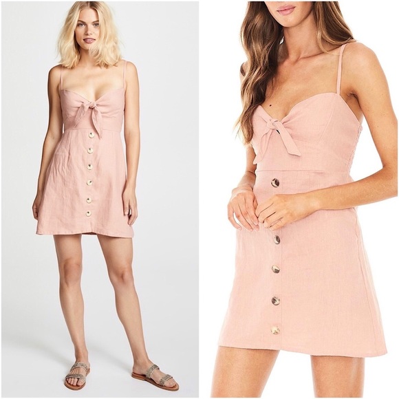 Faithful the Brand Rodeo Pink Linen Button Up Tie-Front Mini Skater Summer Dress - Picture 1 of 15